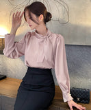Luan Satin Pintuck Pearl Tie Blouse