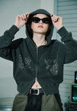 [2-WAY] Fluttery Pigment CROP Hood Zip Up Smoke