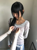 Deto Shirring Heart Neck Lace Ribbon Short Sleeve T-Shirt