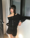 Potic Rivet Pocket Pile Off Shoulder Zip-up