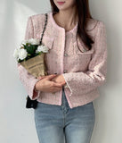 Lock color matching round pearl tweed jacket