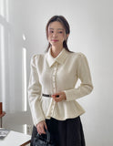 Inelli Shirring Collar Knit Pearl Cardigan