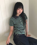 Dem Stripe Shirring PK Collar Short Sleeve T-Shirt