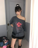 Rishu loose-fit flower-printed off-shoulder short-sleeved T-shirt
