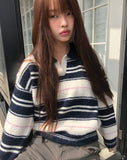 Nobin Stripe Color Matching Collar Long Sleeve Knit