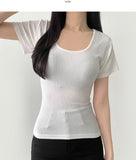 Deep U-neck Square Neck Slim Fit Short Sleeve T-Shirt