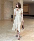 Kazz Shirt Collar Puff Sleeve Long One Piece (Belt Set)