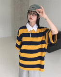 Was Bubble Gum Stripe Collar Short Sleeve T-shirt