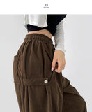 Corduroy Side Snap Button Folding Wide Banding Pants