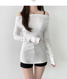 Boat Neck Off-Shoulder Knit Long Sleeve Slit Slim Fit T-Shirt