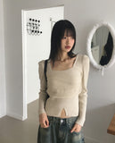 Coil chiffon layered square neck slit ribbed knit