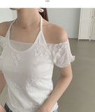 Flower Pattern Halterneck Sleeveless Short Sleeve Blouse Set