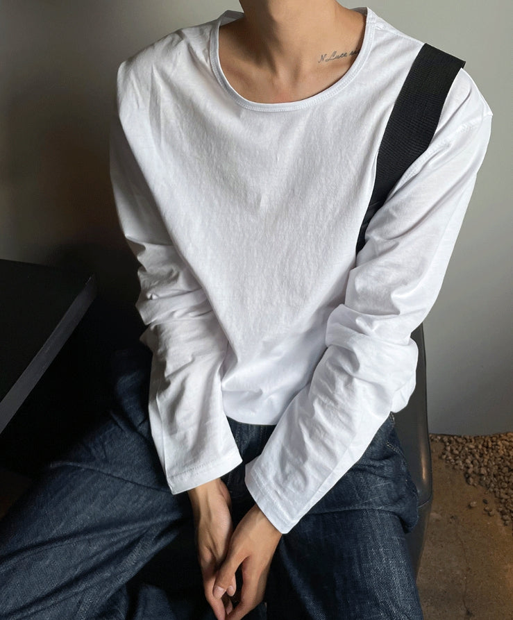 【COSYHARU】U-neck silky cotton long sleeve tee Inout U-neck Silk Long-Sleeved T-shirt - COSYHARU | 60