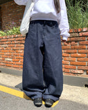 Lemming Stripe Big Pocket Snap Button Denim Wide Long Pants
