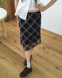 Atin Check Chiffon Lace Ribbon Midi Skirt