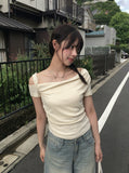 Dis Twist Strap Shoulder Lace Short Sleeve T-shirt
