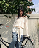 [Muffler set] Liton strap boat neck off shoulder long knit T-shirt