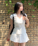 Rib Unbalanced Button Sheer Blouse