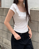 Cane Dot Frill Shirring Cap Short Sleeve T-Shirt