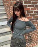 Yushi Stud Strap Unbalanced One Off Shoulder Long Sleeve T-Shirt
