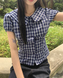 Warden Round Collar Puff Check Blouse