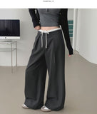 Color Matching Banding Side Zipper Pintuck Wide Slacks Pants