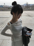 Block Unbalance Off Shoulder Shirred Long Sleeve Tee