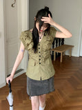 Blon V-Neck Shirring Pleated Puff Short Sleeve Blouse