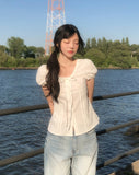 May Ribbon Pintuck Puff Blouse