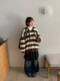 Kyuen Stripe Wool V-Neck Hood Knit
