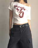 Epee Crack Print Off-Shoulder Short Sleeve T-Shirt