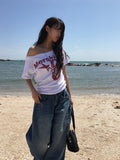 Nero Off-Neck Lettering Number Short Sleeve T-Shirt