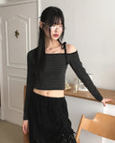 Sable One Shoulder Unbalanced Strap Stripe Long-Sleeved T-Shirt