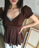 Kiaco Heart Neck Puff Ribbon Punching Short Sleeve Blouse