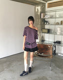 Mats Stripe One Off Shoulder Overfit Short Sleeve T-Shirt