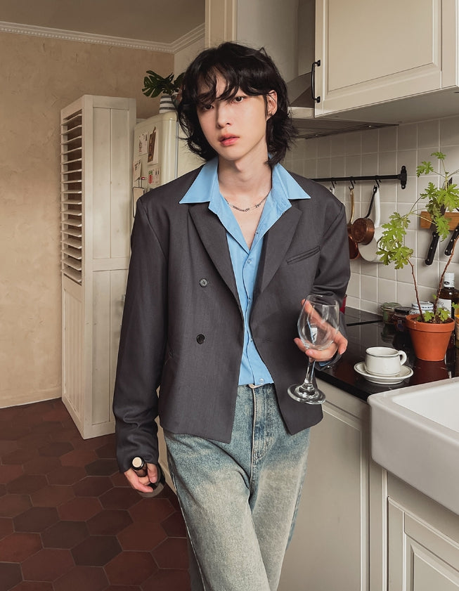 DOUBLE BREASTED CROPPED BLAZER - Light gray