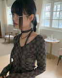 [Scarp set] Feld Checkered See-through Shirring Long Sleeve T-shirt