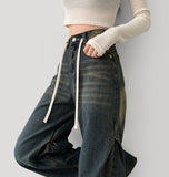 Knee Side Pin Tuck Balloon Waist Adjustment Wide Fit Denim Pants