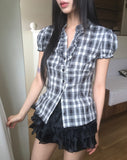 Devon V-neck Check Frill Blouse