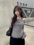 Drew Halter Layered Lettering Off-Shoulder T-Shirt
