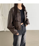 Autumn Pocket Zipper Loose Fit Leather Two-Way Crop Jacket