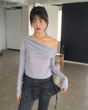 Mebel Shirring Off-Shoulder Back Slit Ribbon Strap Long-Sleeved T-Shirt