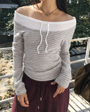 Lasso striped string layered outer brushed color matching off-shoulder T-shirt
