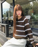 Tsen Stripe Button Henley Neck Long Sleeve Knit