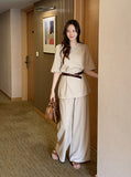 Washia Linen Short Sleeve T Blouse Wide Slacks Set
