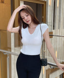 Beck V-Neck Ribbed Cap Sleeve Knit Tee