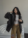 Track shirring leather hooded jacket