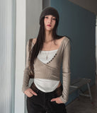 Ash Ribbed Deep Button Layered Long Sleeves