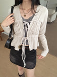 Dati Strap Shirring Ribbed Long Sleeve Cardigan