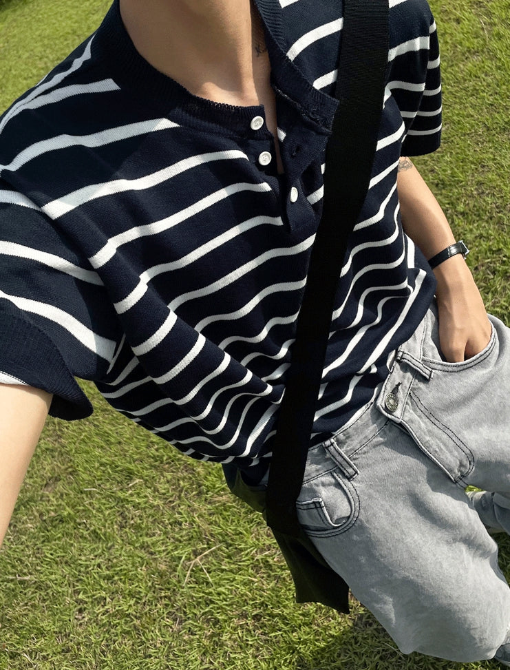【COSYHARU】Dangara Henry Neck Short Sleeve Knit COSYHARU (コシハル) -ダンガラヘンリーネック半袖ニット